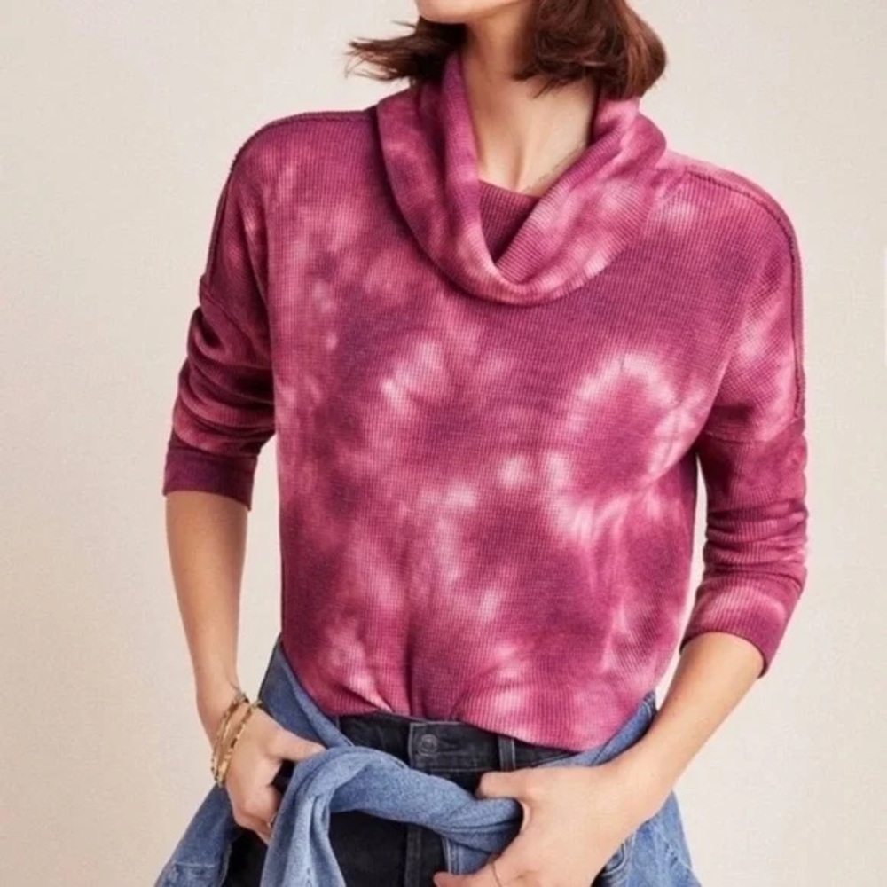 MAEVE Anthropologie Ainsley Pink Tie Dye Thermal Turtleneck Top Size L